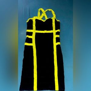 Forever 21 Knit Body Con Black Dress w| Neon Green Straps and Trim Size 2X